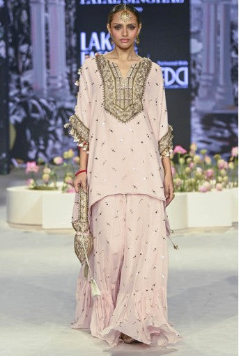 Shahnaaz Blush Pink Embroidered Kurta With Frill Sharara
